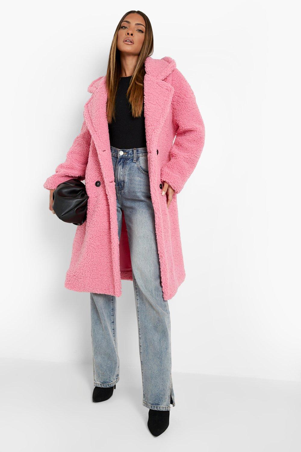 Boohoo pink shop teddy coat